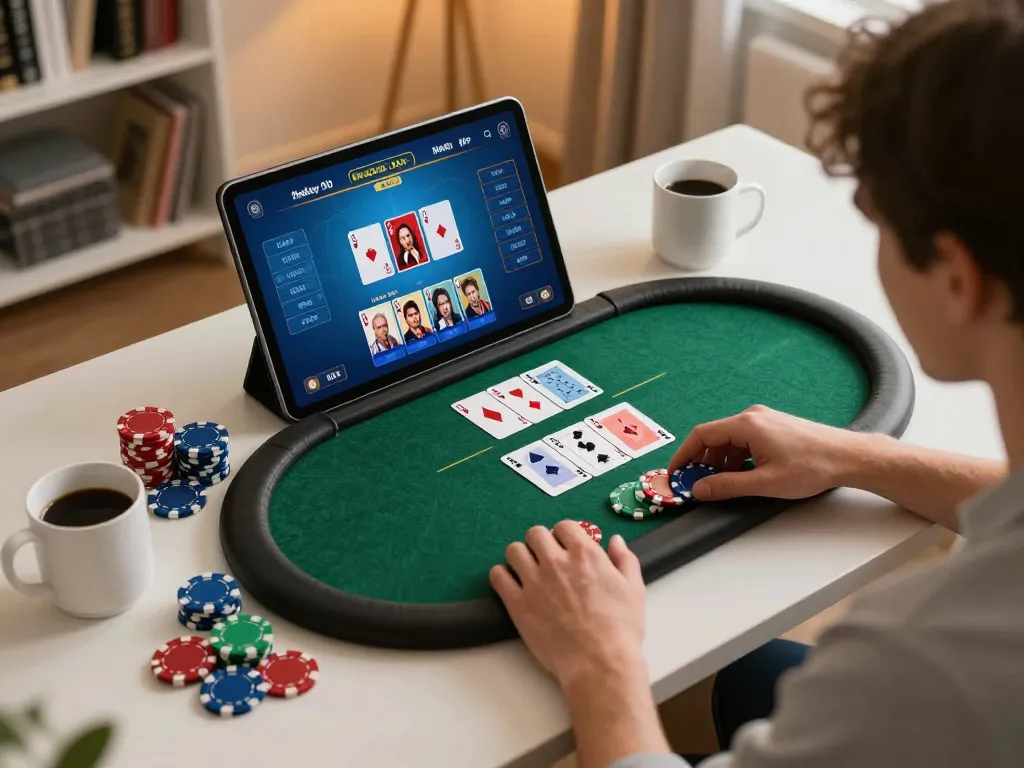 Engaging online poker gameplay at home with king333 interface visible on tablet