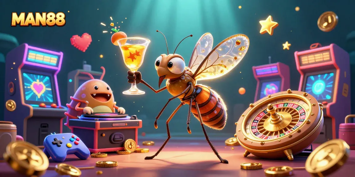 Engage with MAN88 through a vibrant casino illustration showcasing unique characters and dynamic gaming elements.