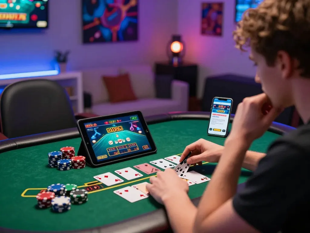 Player strategically engaging in a blackjack game using a tablet, immersed in online gambling, 33CC experience highlighted.