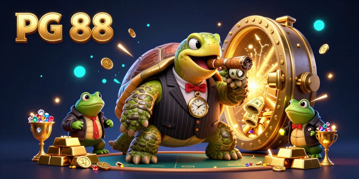Engage with PG 88 casino excitement featuring a mobster turtle and bullfrog enforcers amidst treasure and jewels.
