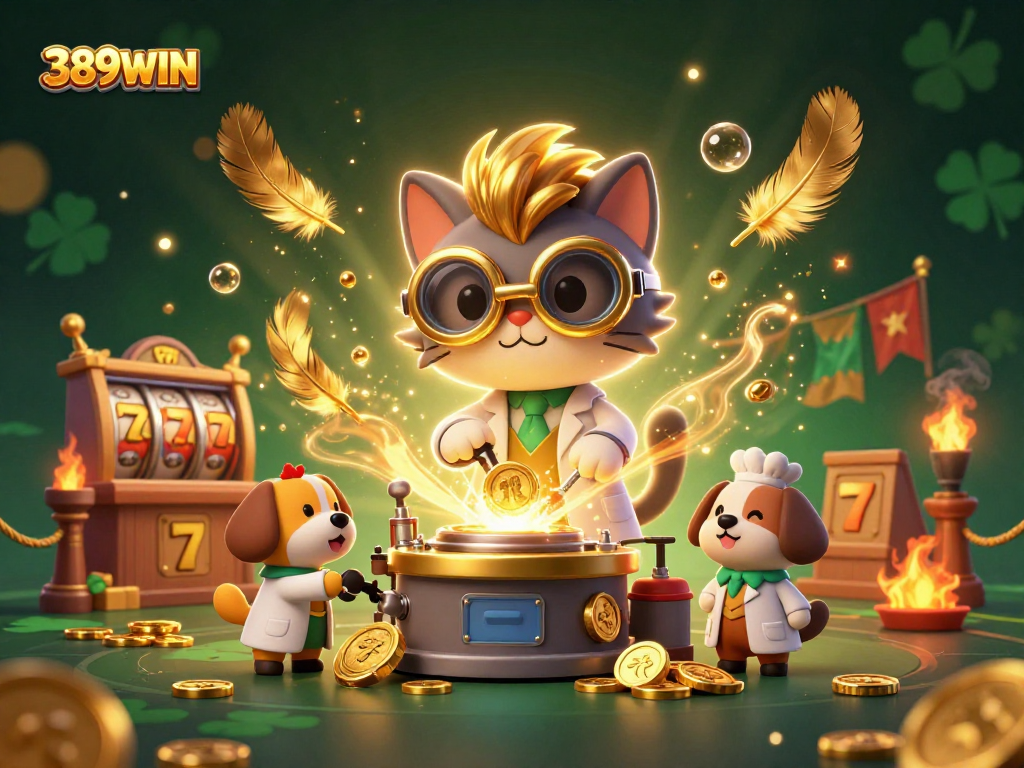 Spin and win effortlessly at 389WIN, where golden coins and colorful slots create an electrifying atmosphere.