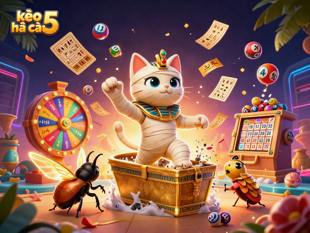 Experience the excitement of kèo nhà cái 5 with a vibrant 3D illustration of a mummy cat in a pyramid casino.