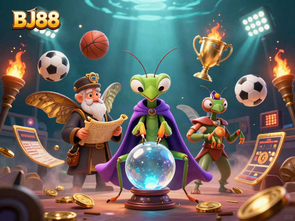 BJ88 features a vibrant 3D illustration showcasing a fortune teller and librarian surrounded by dynamic sports betting elements.