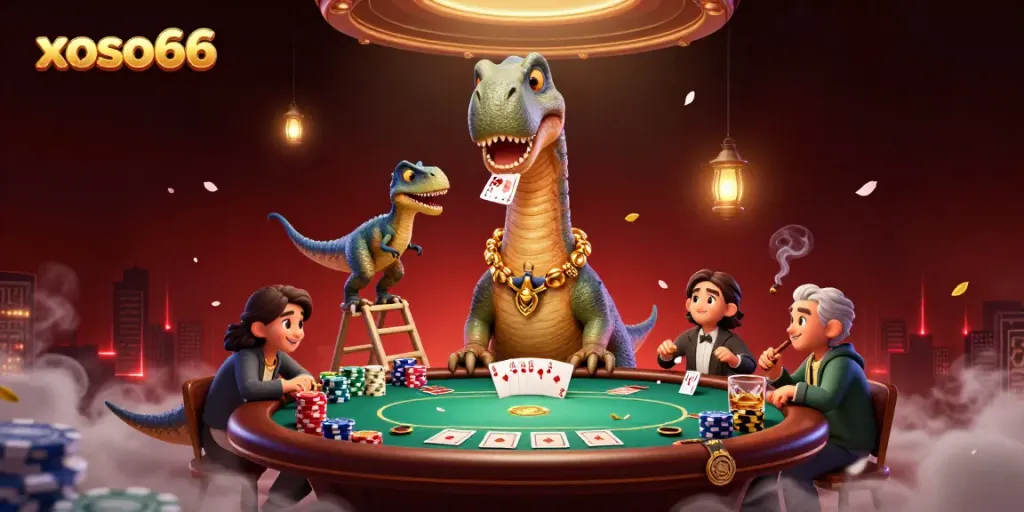 Engaging illustration of xoso66 showing a brontosaurus in a casino, interacting with game elements.