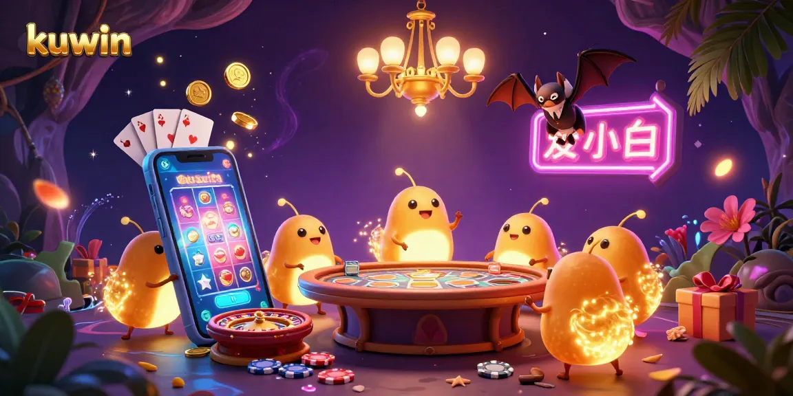 Kuwin illuminates a vibrant cave casino with glowworms, showcasing exciting gaming elements and golden coins.