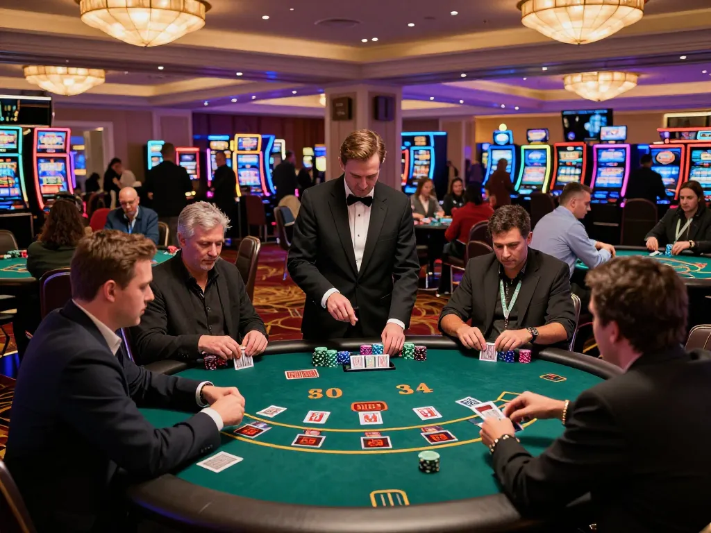 Go8 blackjack tables in a vibrant casino atmosphere, players engaged in strategic gameplay