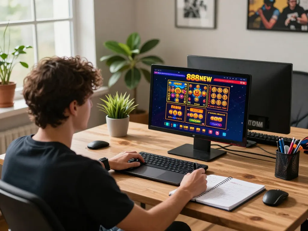 Engaging online gaming experience with 888NEW in a cozy home setup, showcasing strategy and comfort.