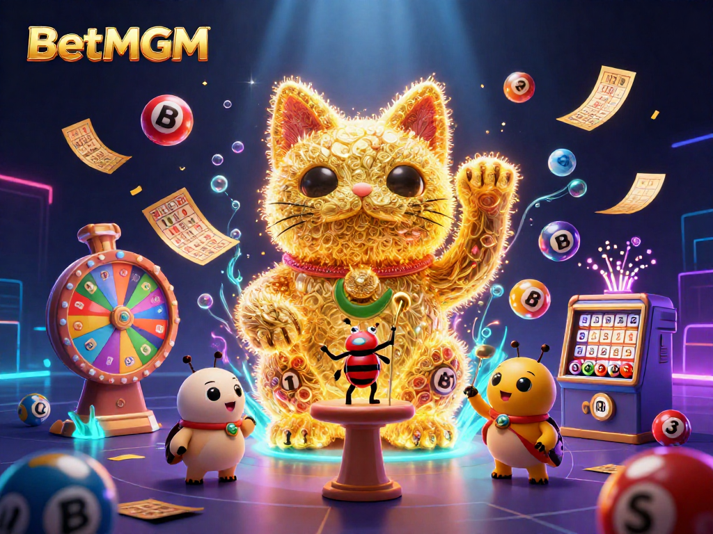Experience the vibrant world of BetMGM with a dynamic 3D illustration featuring a lucky cat and colorful casino elements