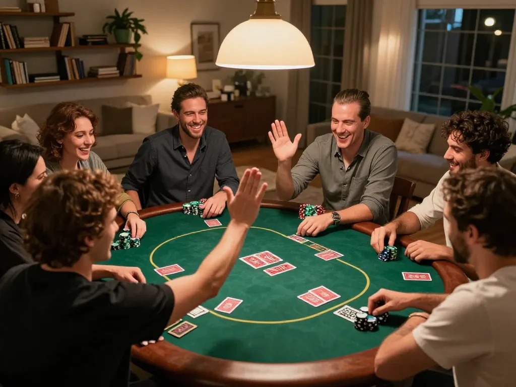 Friends enjoying a poker game at home while discussing strategies, enhancing their experience at trang chủ uu88