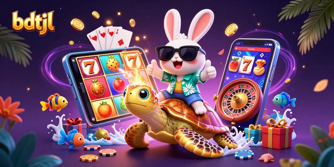 Engage with bdtjl's vibrant slot games featuring a lucky rabbit and a golden turtle.