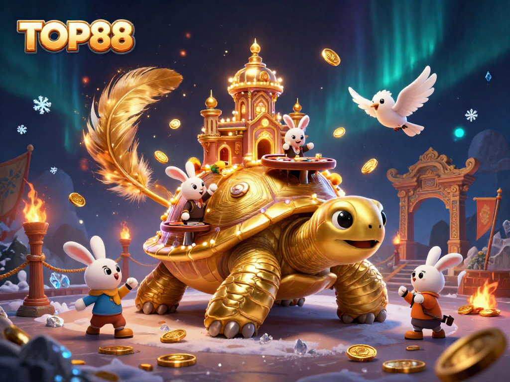 Engage with TOP88's dynamic gaming scene featuring a golden tortoise with a casino palace.