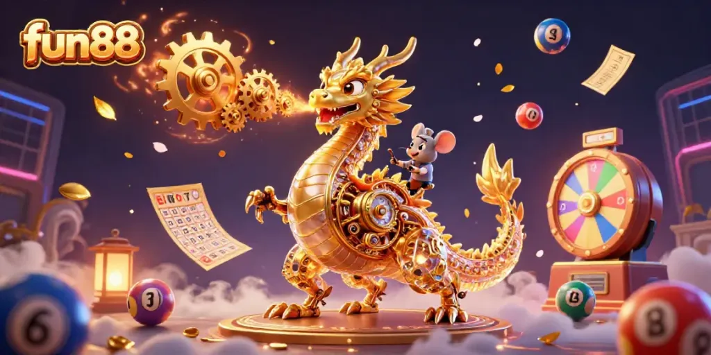 Experience thrilling fun88 gaming with a dynamic illustration featuring a biomechanical dragon and casino elements.