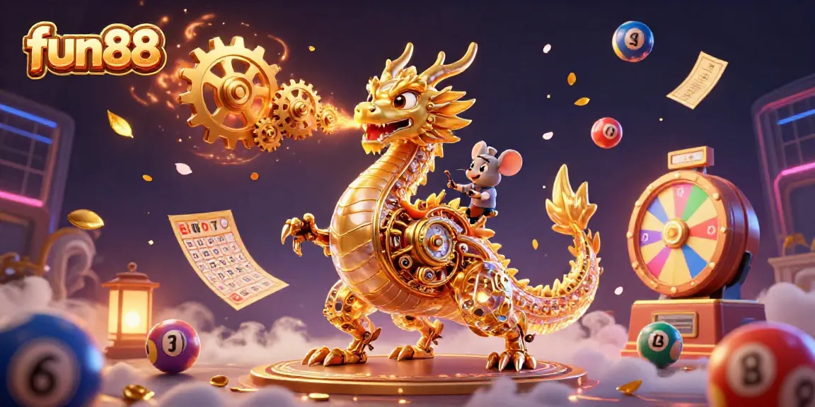 Experience thrilling fun88 gaming with a dynamic illustration featuring a biomechanical dragon and casino elements.