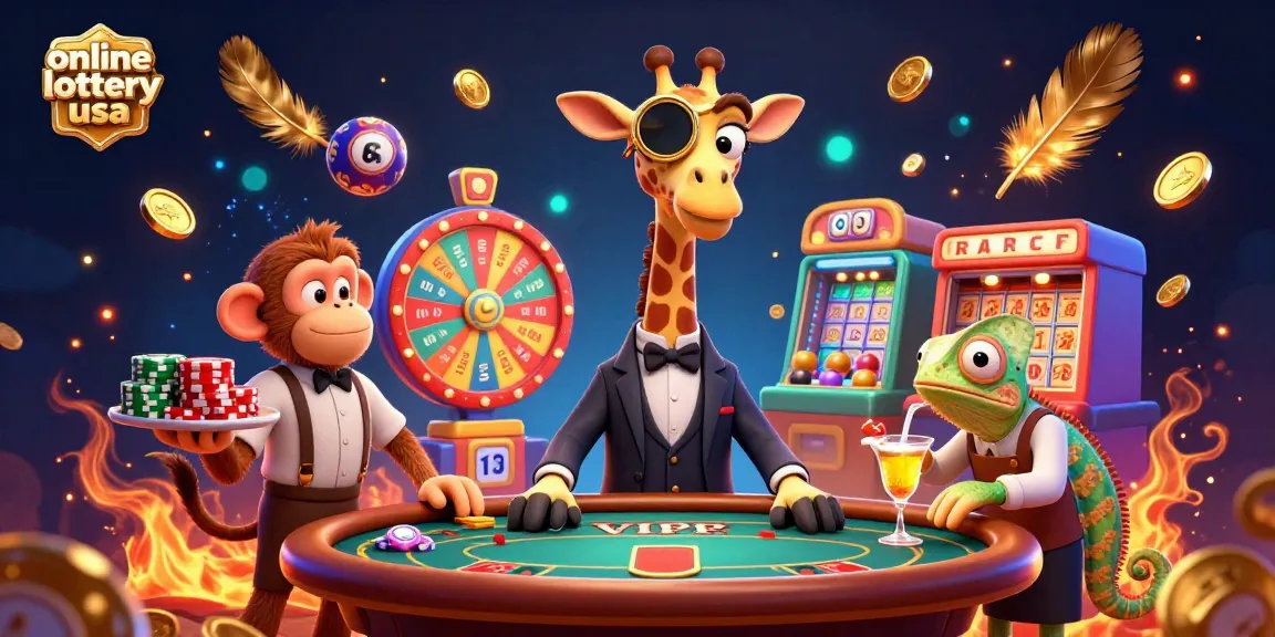 Experience the excitement of online lottery usa with a vibrant scene featuring a high-roller giraffe and lottery elements.