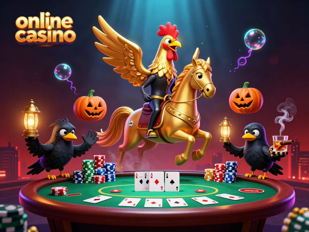 Experience the thrills of an online casino with a golden rooster riding a spectral horse.
