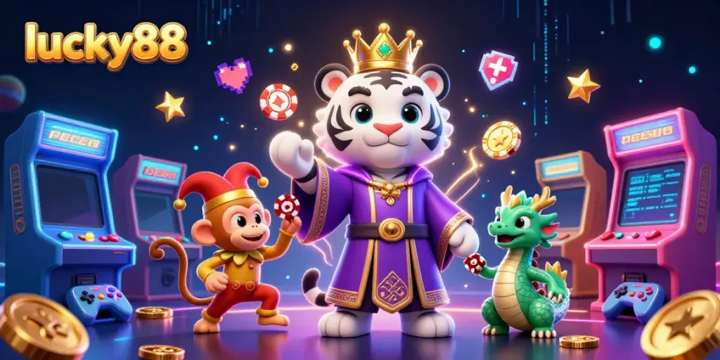 Experience exciting gaming at lucky88 with a vibrant scene of a white tiger, monkey, and dragon amidst colorful casino elements.