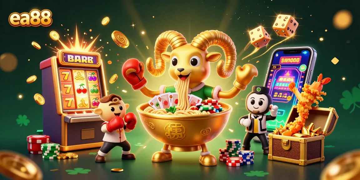 ea88 giant ramen bowl dealer stacking chips amidst colorful casino chaos