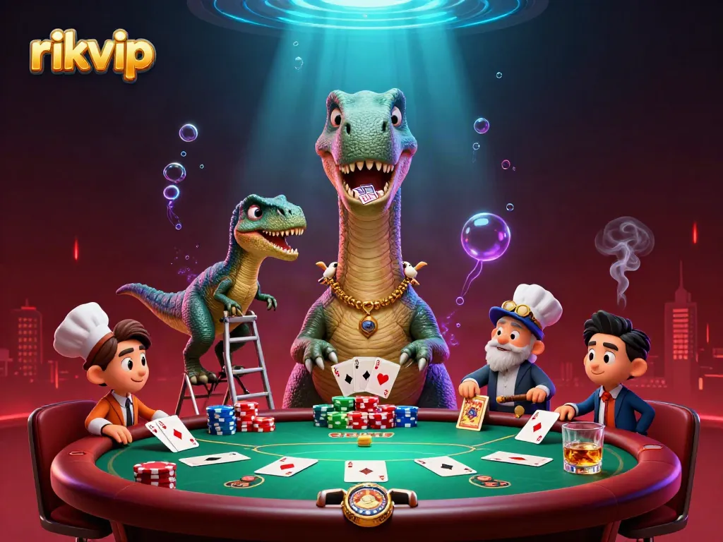 Experience thrilling gameplay at rikvip with a vibrant 3D casino scene featuring dynamic characters and poker elements.