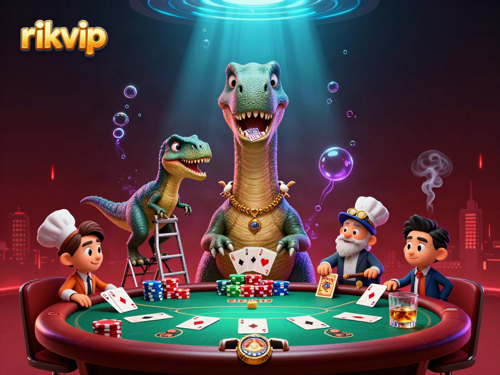 Experience thrilling gameplay at rikvip with a vibrant 3D casino scene featuring dynamic characters and poker elements.