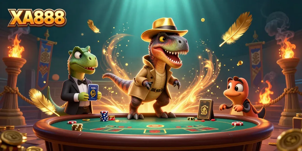 Engage with XA888, featuring a velociraptor card counter amidst a vibrant casino scene.