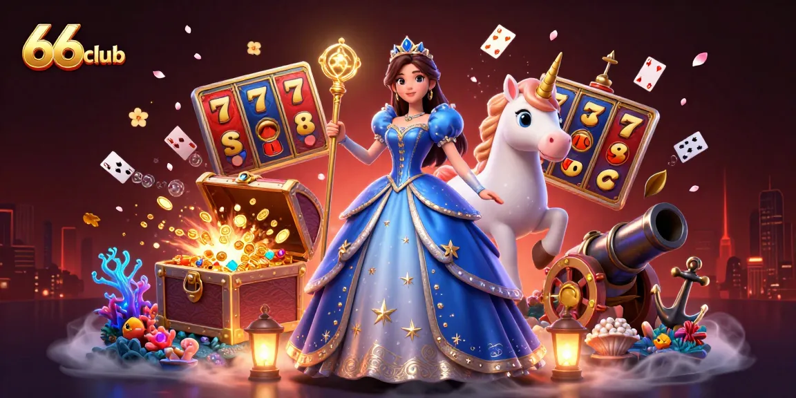 Join the excitement at 66club with vibrant casino elements and an enchanting scene featuring a woman with a unicorn.
