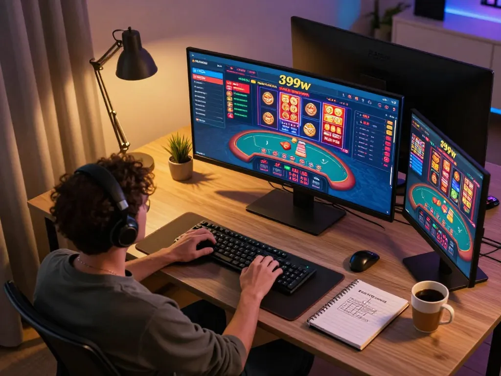 Player enjoying online gaming on 399w platform, showcasing strategy and a modern setup for responsible gambling.