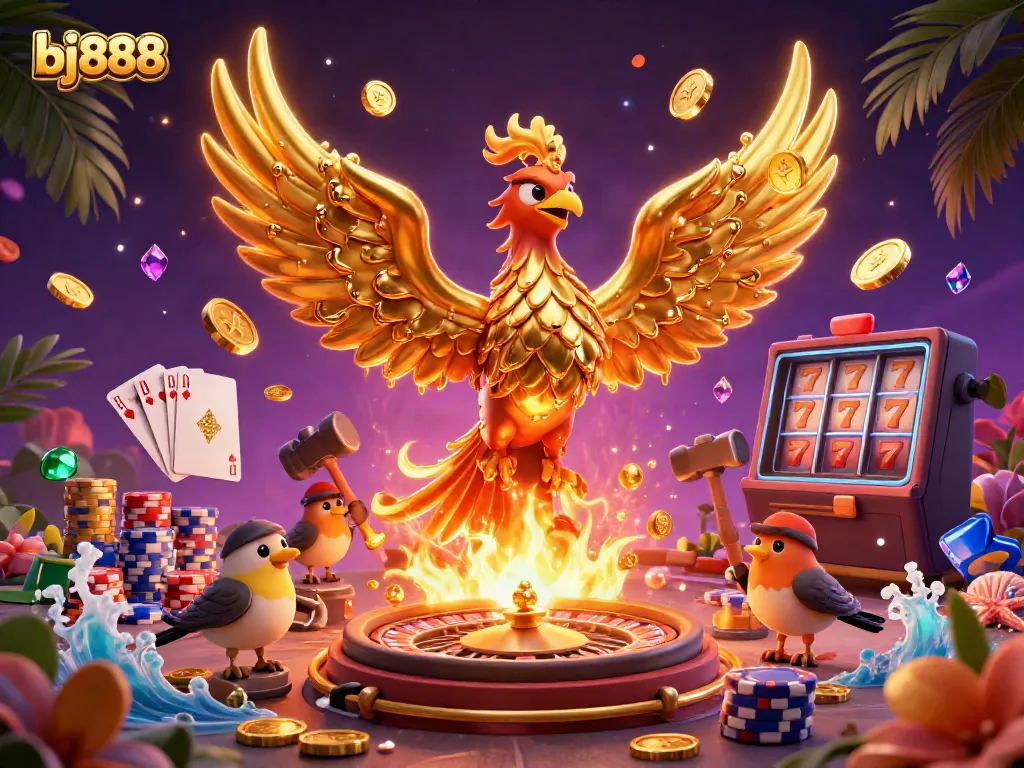 Experience exciting gaming with the dynamic scene showcasing bj888 - a golden phoenix and casino elements surrounded by vibrant effects.