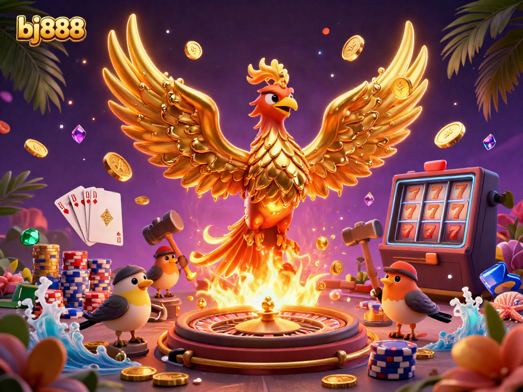 Experience exciting gaming with the dynamic scene showcasing bj888 - a golden phoenix and casino elements surrounded by vibrant effects.