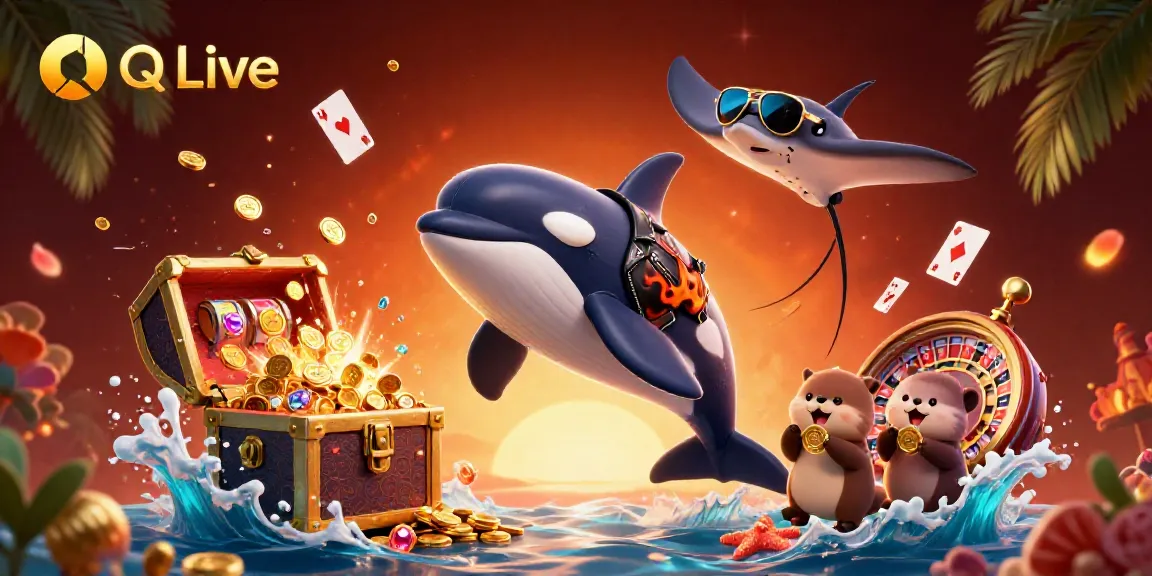 Experience thrilling entertainment with QQ Live featuring vibrant oceanic characters in a casino-themed scene.