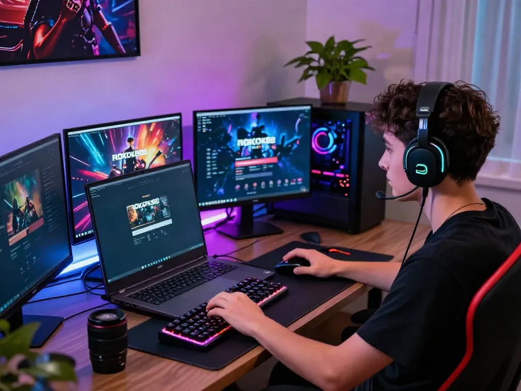 Engaging ROKOK88 login screen with a gamer immersed in an exciting online gaming setup.