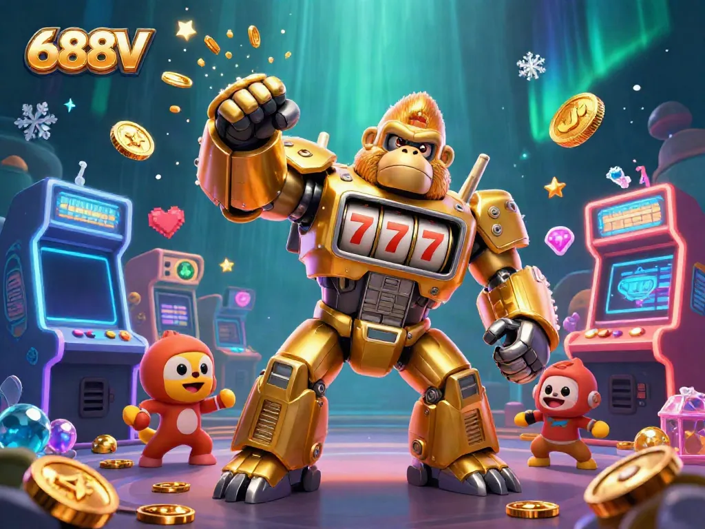 Experience thrilling action at 688V with a dynamic 3D gaming scene featuring a golden gorilla mech.