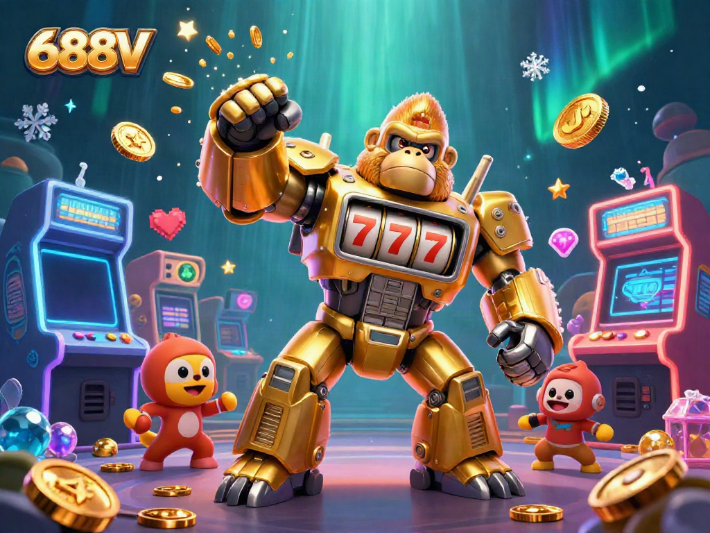 Experience thrilling action at 688V with a dynamic 3D gaming scene featuring a golden gorilla mech.