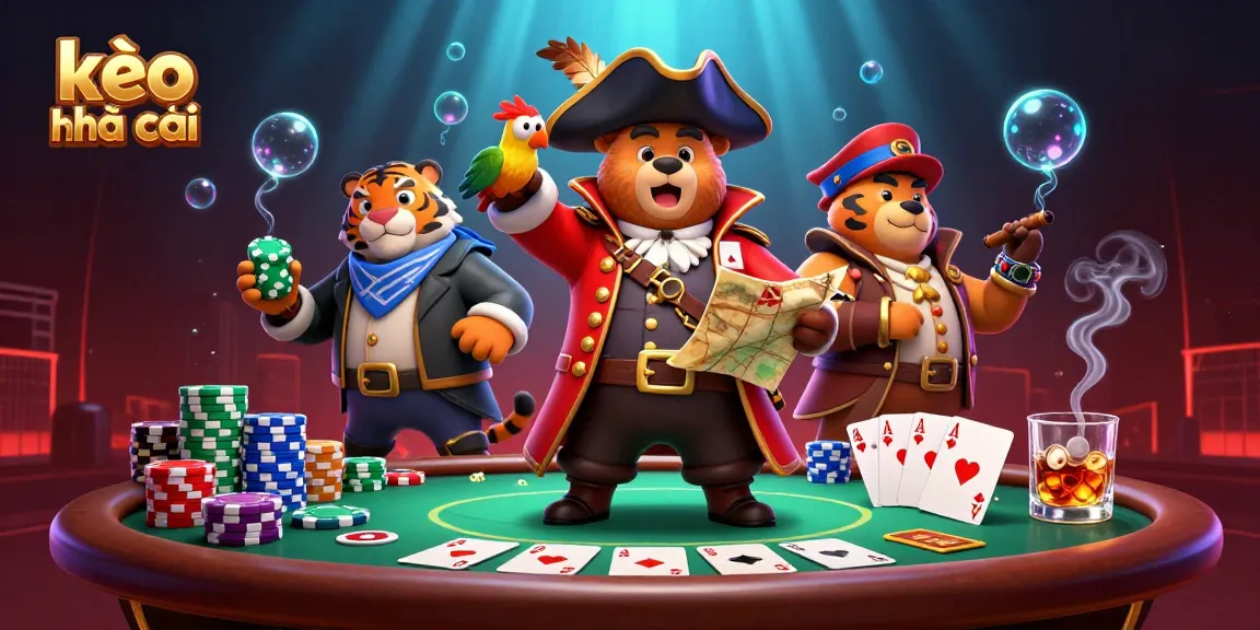 Bet on kèo nhà cái with a dynamic scene featuring a pirate bear, a tiger, and a parrot at a poker table.