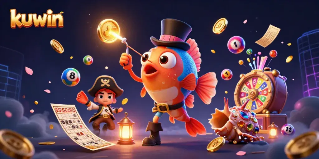 Experience kuwin excitement with vibrant scenes of lottery games, energetic characters, and dazzling treasures.