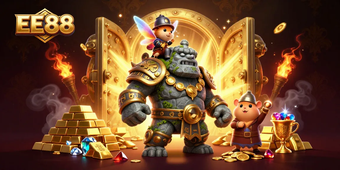 Experience thrilling gameplay at EE88 with our magical illustration featuring a golem, fairy, and hamster knight.