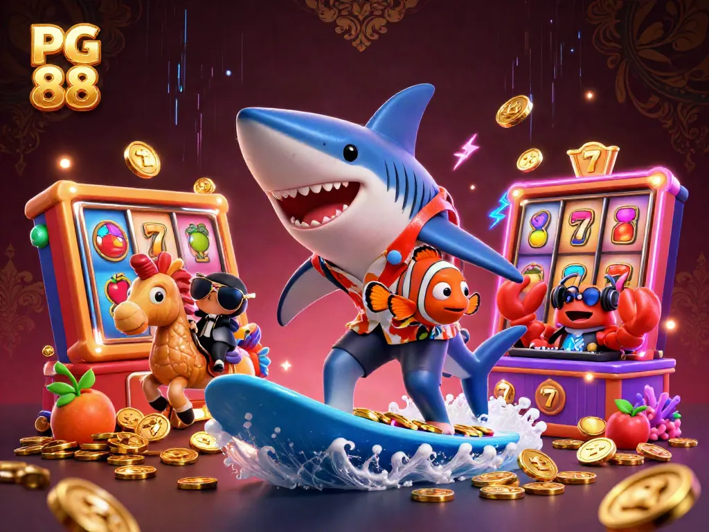 Engage with PG 88's thrilling slot experience featuring a vibrant shark and seahorse duo amidst golden coins.