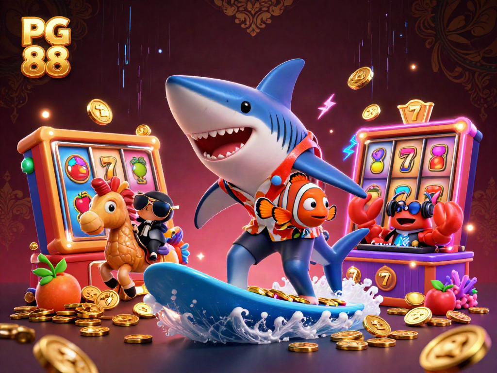 Engage with PG 88's thrilling slot experience featuring a vibrant shark and seahorse duo amidst golden coins.