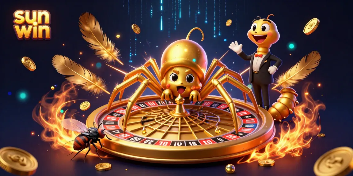 Experience the thrill of sun win with a golden spider spinning a roulette wheel web in this vibrant casino scene.