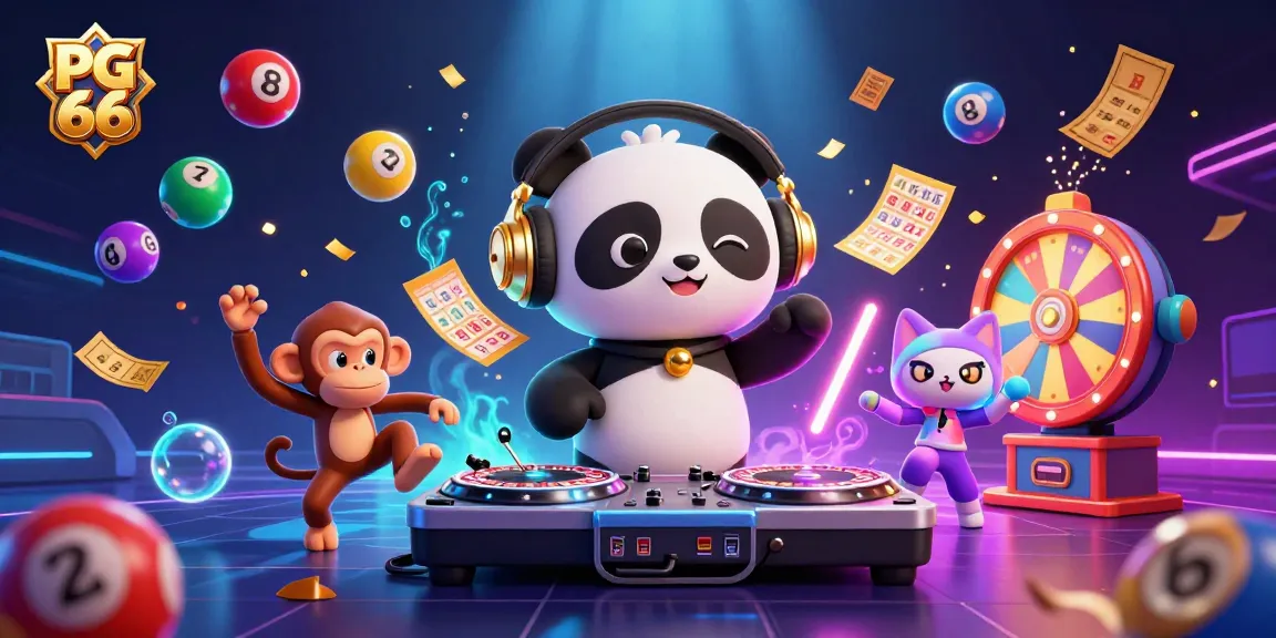 Engage with exciting PG 66 gameplay featuring a DJ panda, breakdancing monkey, and glowing kitten in a vibrant casino scene.