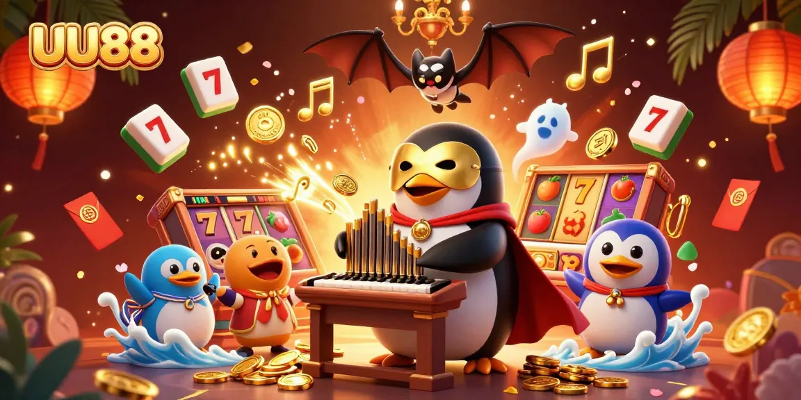 UU88 showcases a thrilling casino scene with a penguin playing organ, scattering jackpot coins.