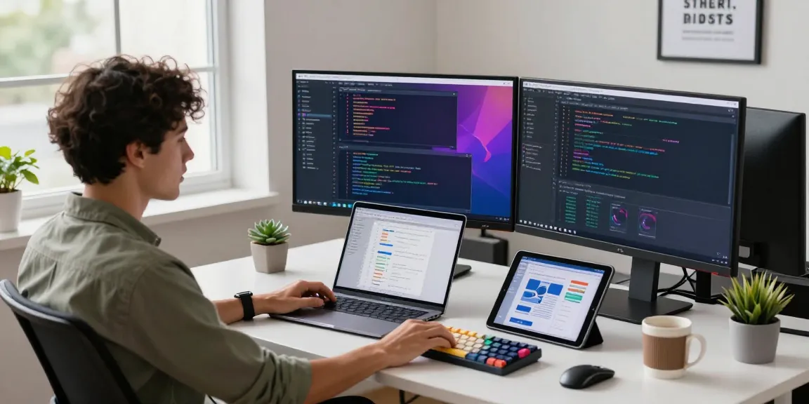 Modern office workspace showcasing WPS Official Website features with developers engaged in coding.