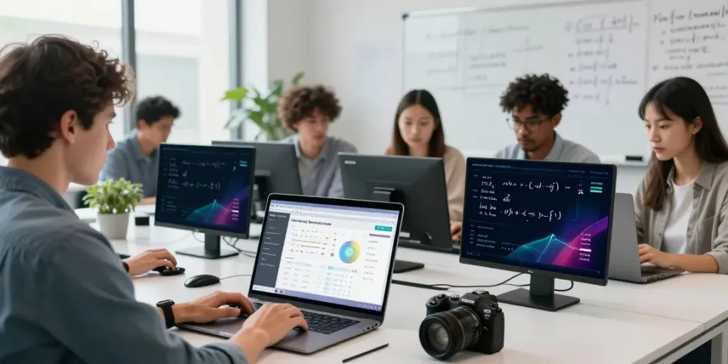 Colaboradores utilizando a calculadora científica online para resolver problemas complexos.