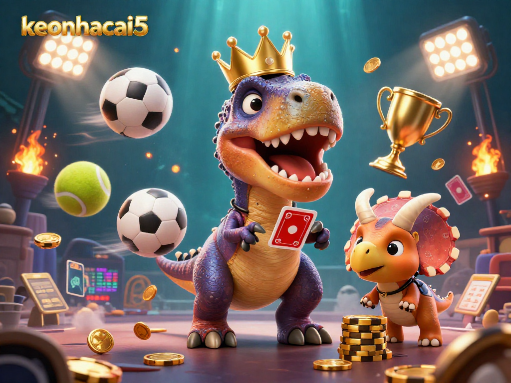 Engage in immersive fun with keonhacai5, featuring a T-Rex shuffling cards surrounded by vibrant casino elements.