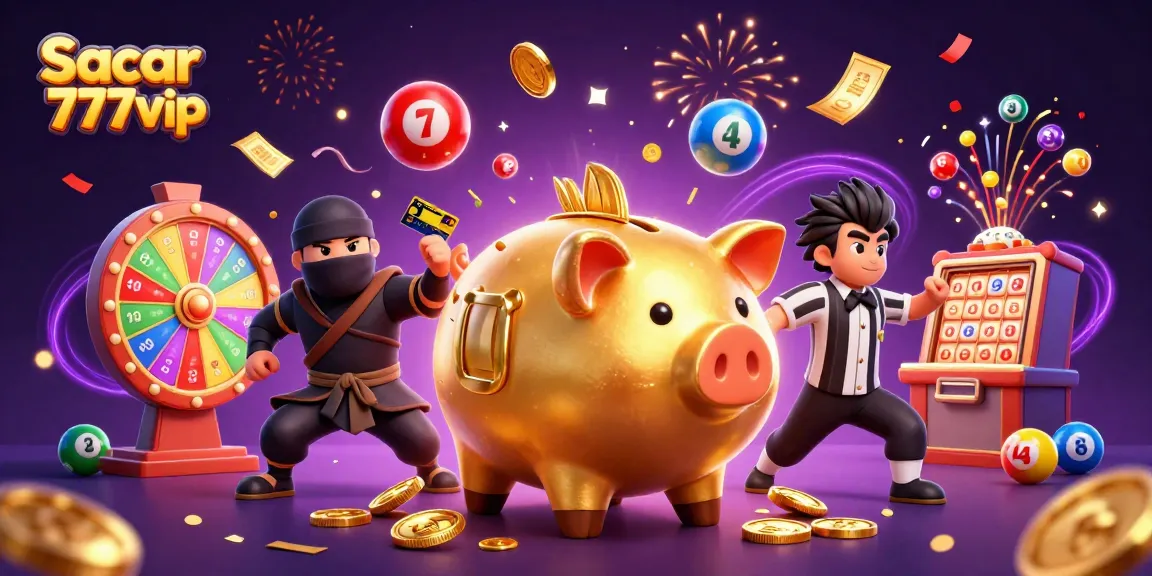Sacar 777vip reveals dynamic action as a golden piggy bank sumo wrestles amidst colorful gambling elements.