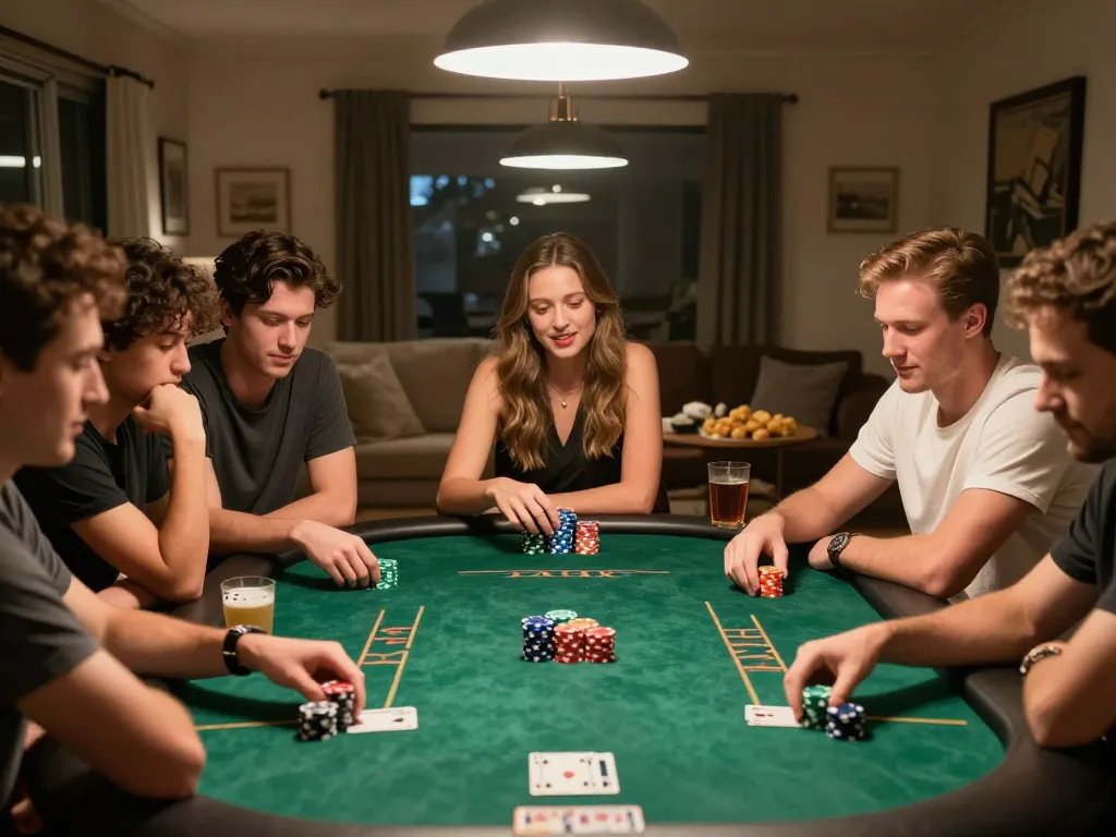 Amigos desfrutando de um jogo de Texas Hold'em em casa, destacando a vibe de comunidade no 337bet.