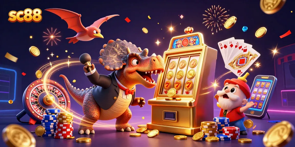Experience thrilling action at sc88 with a dinosaur jackpot, cascading coins, and a lively casino atmosphere.