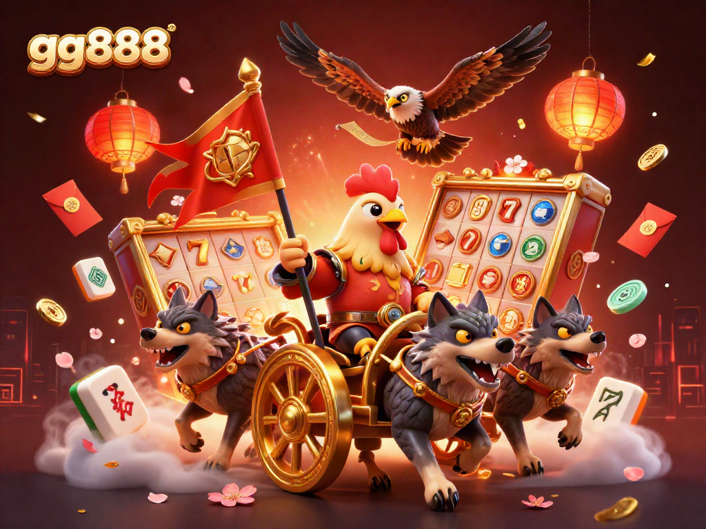 Engage with the dynamic gg888 casino scene featuring a cartoon rooster lord and slot reels.