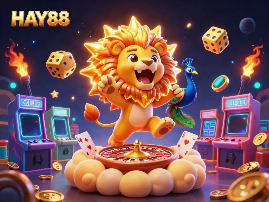 Experience the thrill of HAY88 with a vibrant 3D casino scene featuring a majestic lion and live gaming elements.