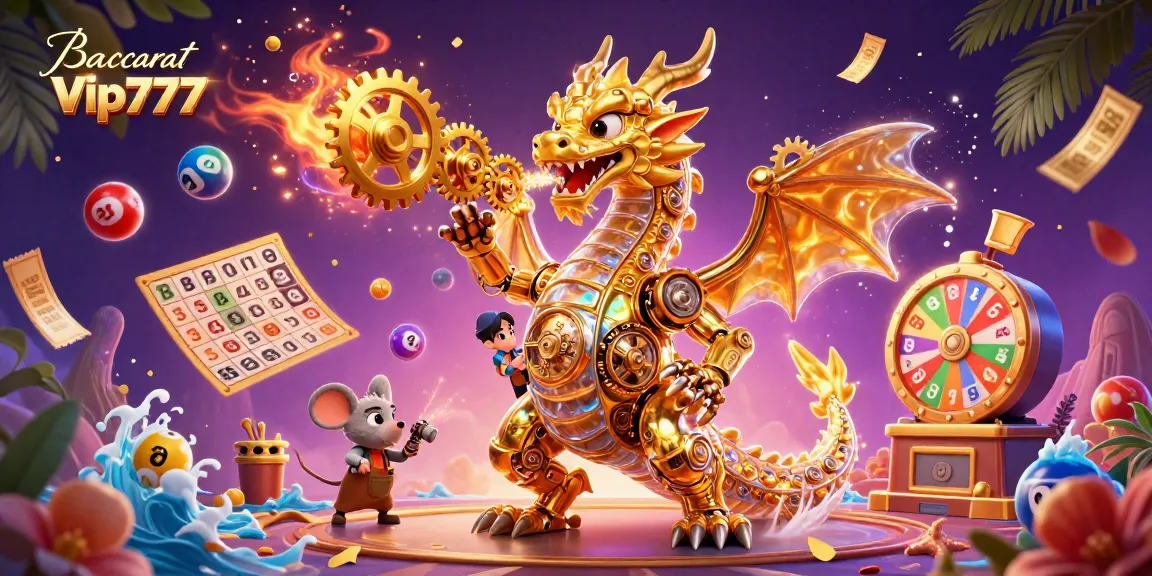 Experience Baccarat Vip777 with a golden dragon and vibrant casino elements in a dynamic 3D scene.