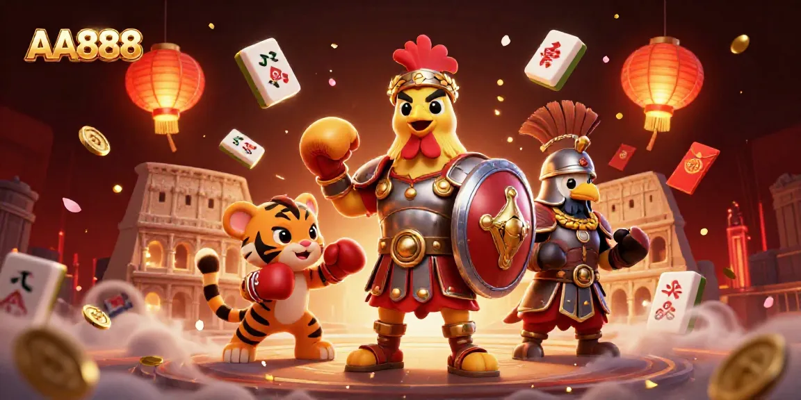 Experience thrilling gaming with AA888's lively 3D casino illustration showcasing a gladiator rooster and dynamic elements.
